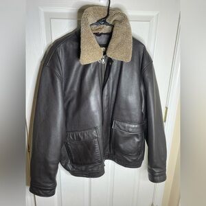 Vintage Jos A. Bank Brown Leather & Shearling Fur Collar Bomber Jacket , Size XL